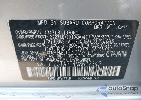 2021 Subaru Crosstrek Premium из США, поврежденный, VIN JF2GTAPC4M8672342